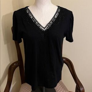 NWT Caslon Black Lace Trim V-Neck Top, Small